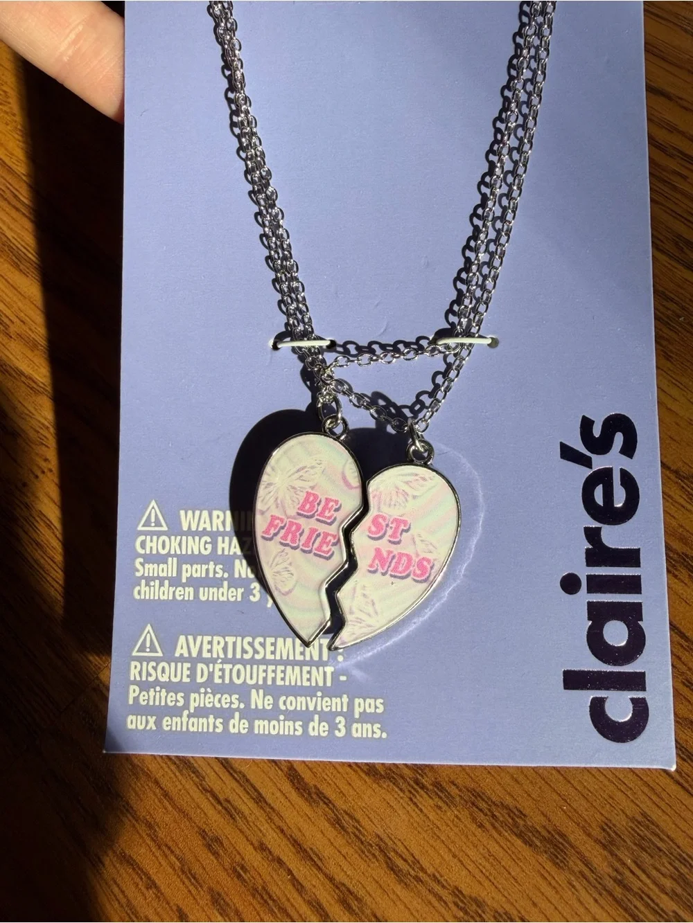 NWT-Claire's Silver Tone Pink Best Friends Broken Heart Necklace Set